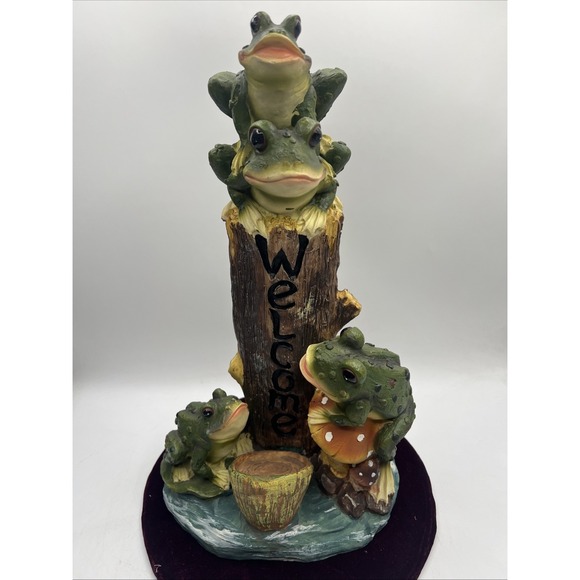 Other - Frog Garden Statue Resin Welcome Sign Tall 16" Toadstools Logs Stacked Outdoor